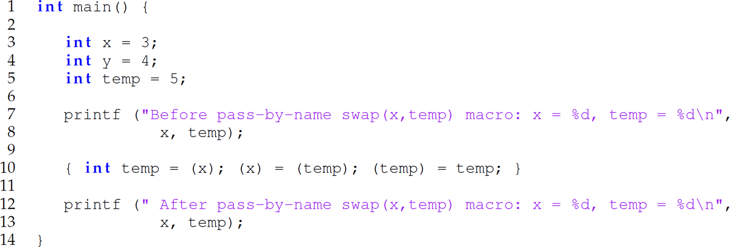 A set of 14 code lines in a C program with the swap macro expanded.