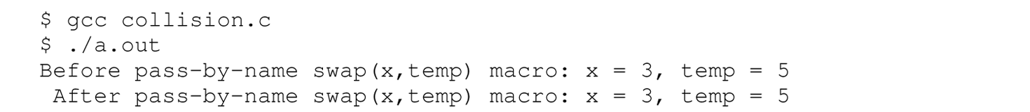 A set of four lines of output of a C program.