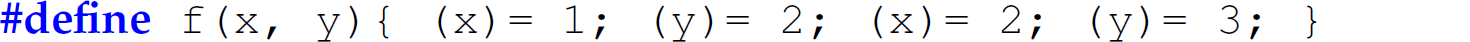 A semantics. Pound symbol define f, left parenthesis, x comma y, right parenthesis, left curly brace, left parenthesis, x, right parenthesis, equals 1, semicolon, left parenthesis, y, right parenthesis, equals 2, semicolon, left parenthesis, x, right parenthesis, equals 2, semicolon, left parenthesis, y, right parenthesis, equals 3, semicolon, right curly brace.