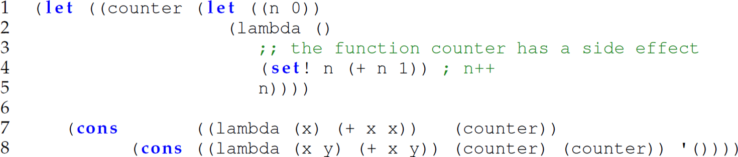 A set of eight code lines in a Scheme expression that is an analog of the first Python program.