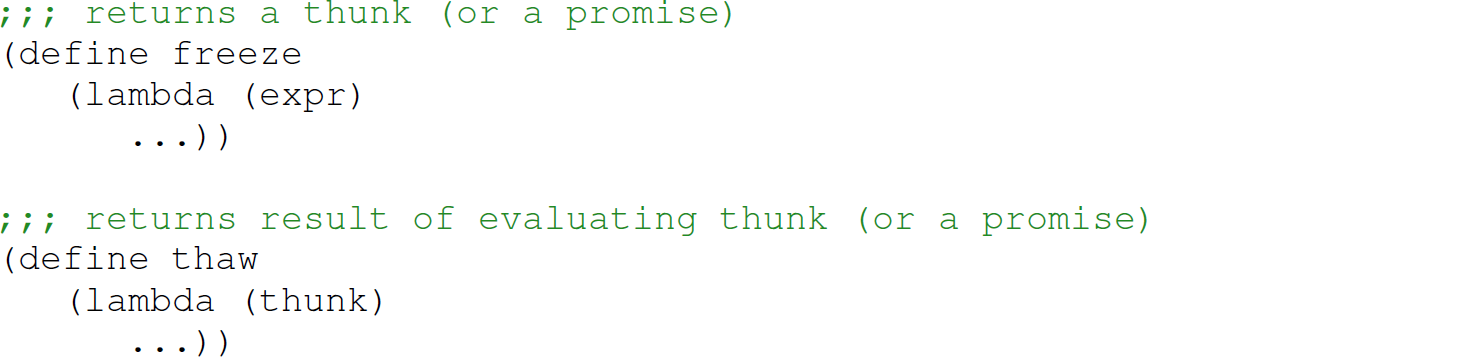 A set of eight code lines in Scheme with the functions freeze and thaw.