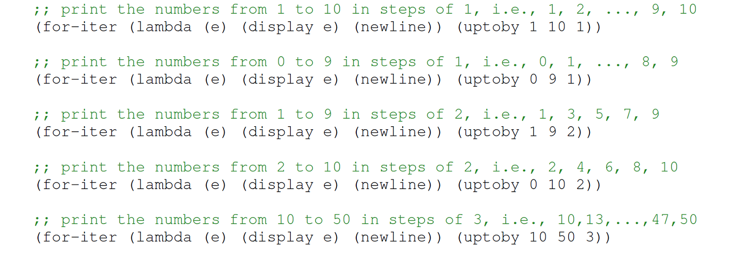 A set of 10 code lines with the functions for dash i t e r and up to by.