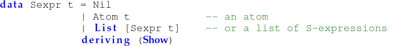 A set of four code lines in Haskell that has the definition of an S-expression.