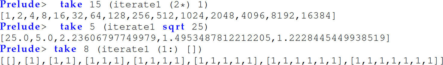 A set of six code lines in Haskell with the function iterate 1.