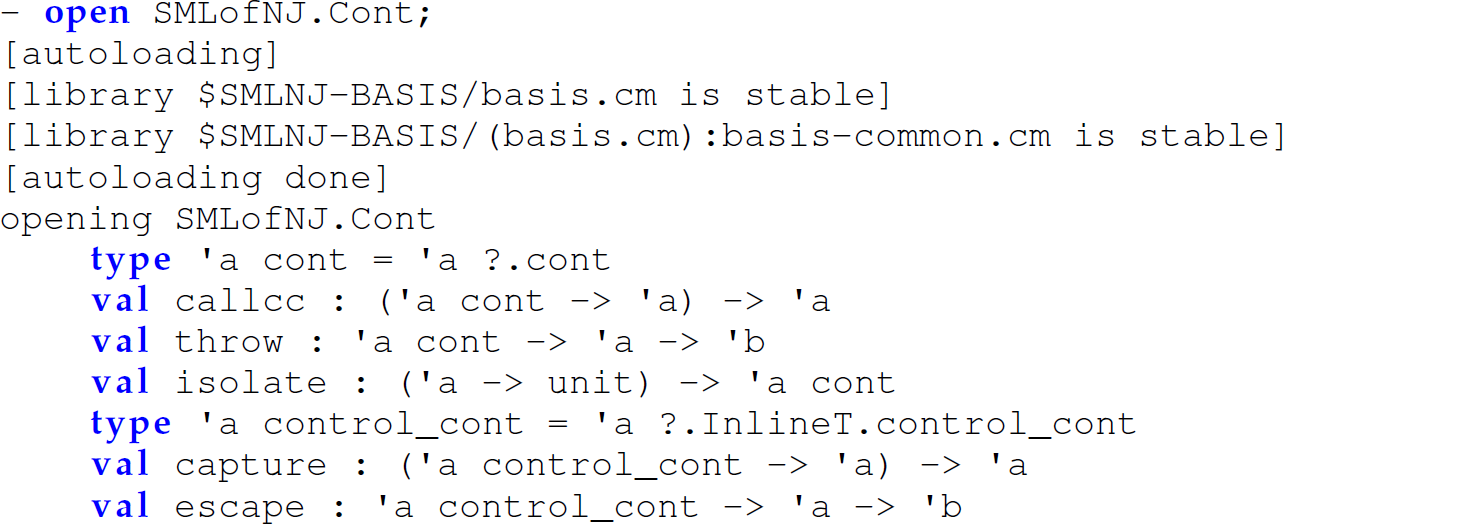 A set of 13 code lines in M L that investigates and experiments with the interface for first-class continuations in M L.