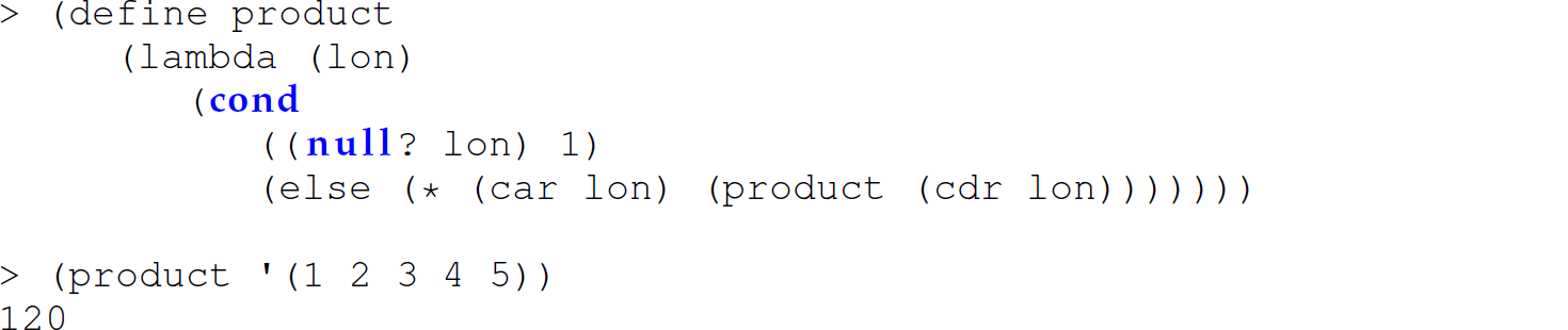 A set of seven code lines in Scheme with the function product.