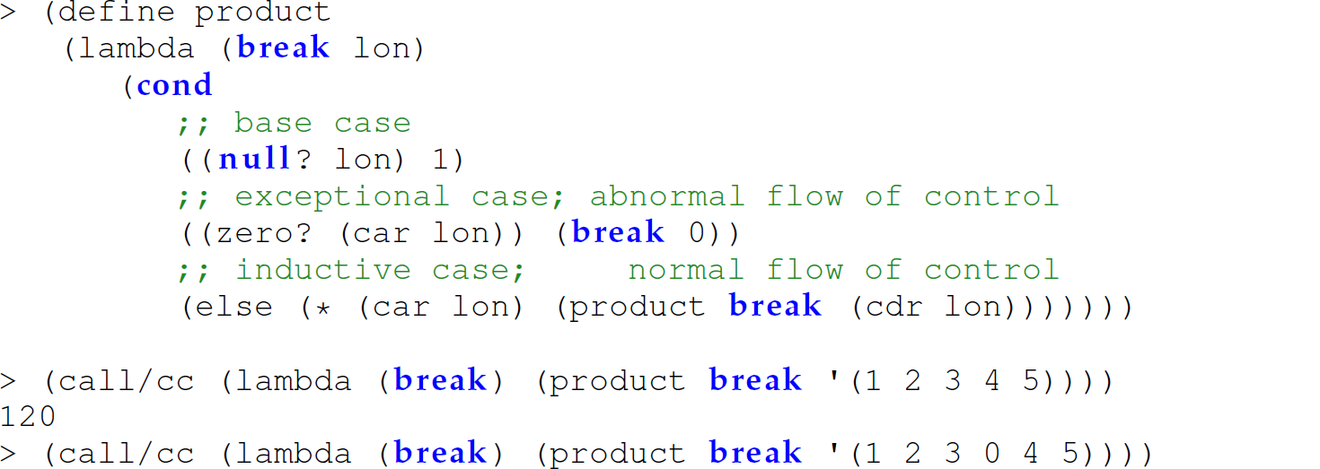 A set of 12 code lines in which the function is defined to accept an abnormal continuation, but the caller is responsible for capturing and passing it to the called function.