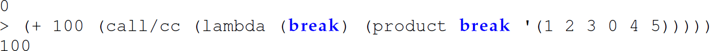 Continuation of the code in which the function is defined to accept an abnormal continuation, but the caller is responsible for capturing and passing it to the called function, consisting of three lines.