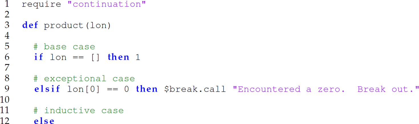 A set of 12 code lines in Ruby with the function product.