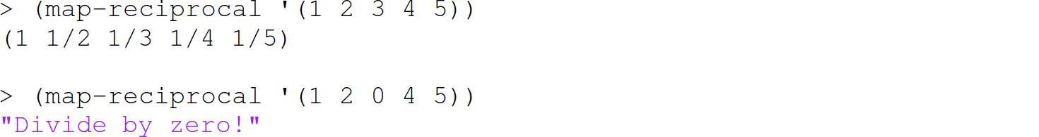 A set of four code lines in Scheme with the function map-reciprocal.