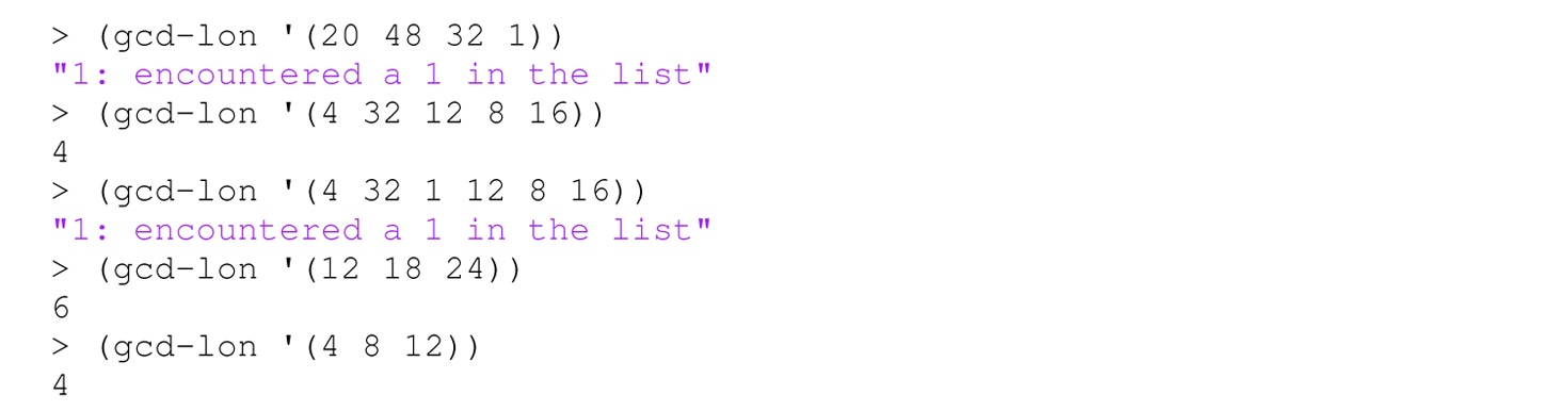 A set of 10 code lines in Scheme with the function g c d hyphen l o n.