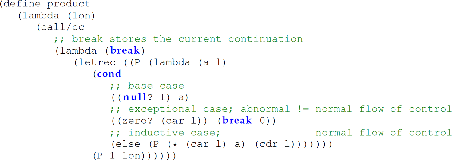 A set of 14 code lines that is a tail-recursive version of the definition using a continuation captured with call forward slash c c to perform a nonlocal exit in the exceptional case.