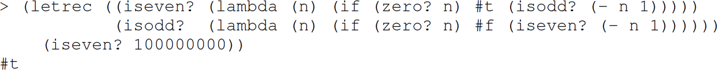 A set of four code lines that is a Scheme rendition of a Python program.