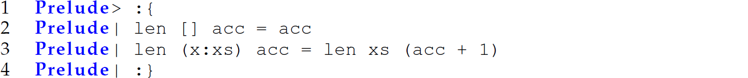 A set of four code lines in Haskell with the function l e n.