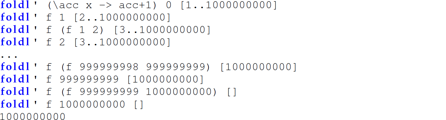 A set of 10 code lines that is a trace of the invocation of the function fold l prime.