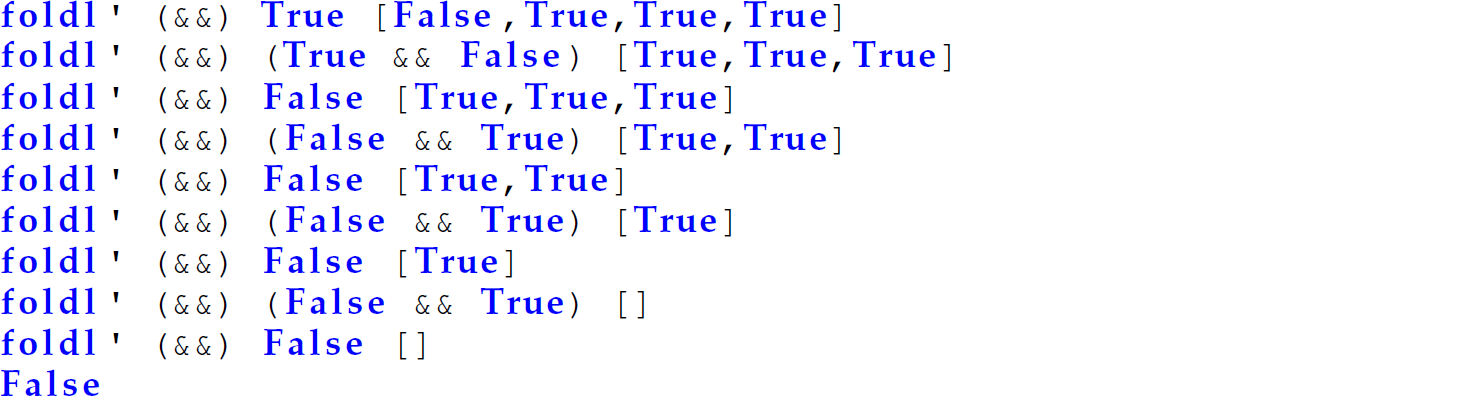 A set of 10 code lines that is a trace of the function of fold l prime.