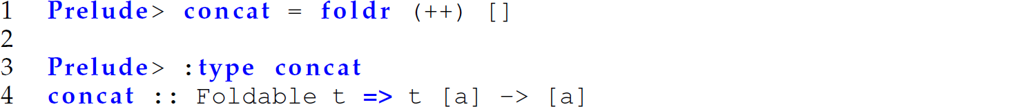 A set of four code lines with the function c o n c a t using fold r.