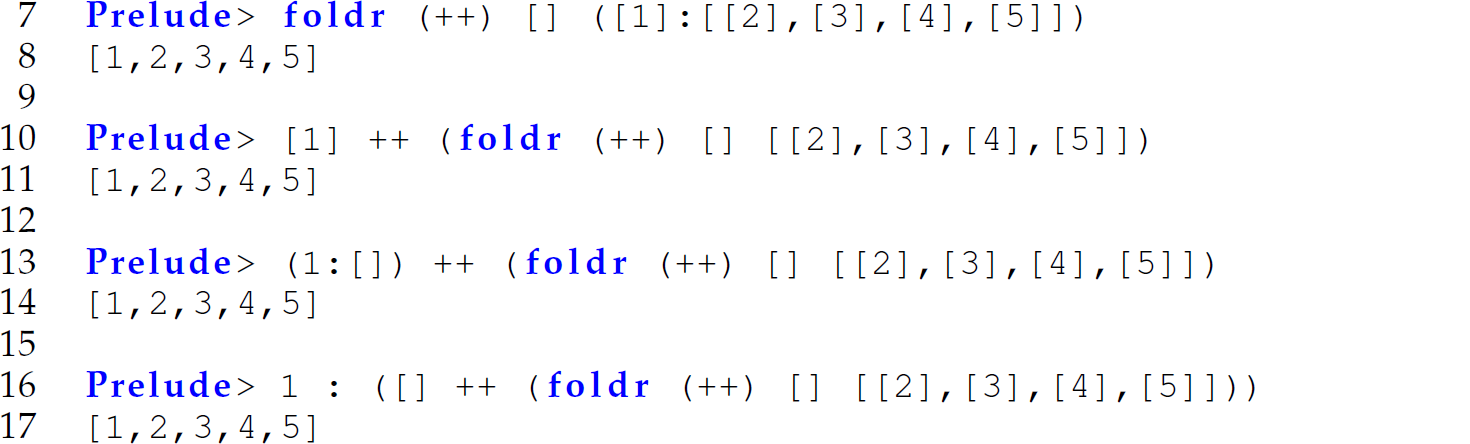 A set of 11 code lines that invokes c o n c a t which reveals why fold r is used in its definition.