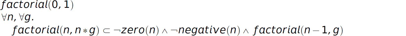 An expression of factorial in predicate calculus.