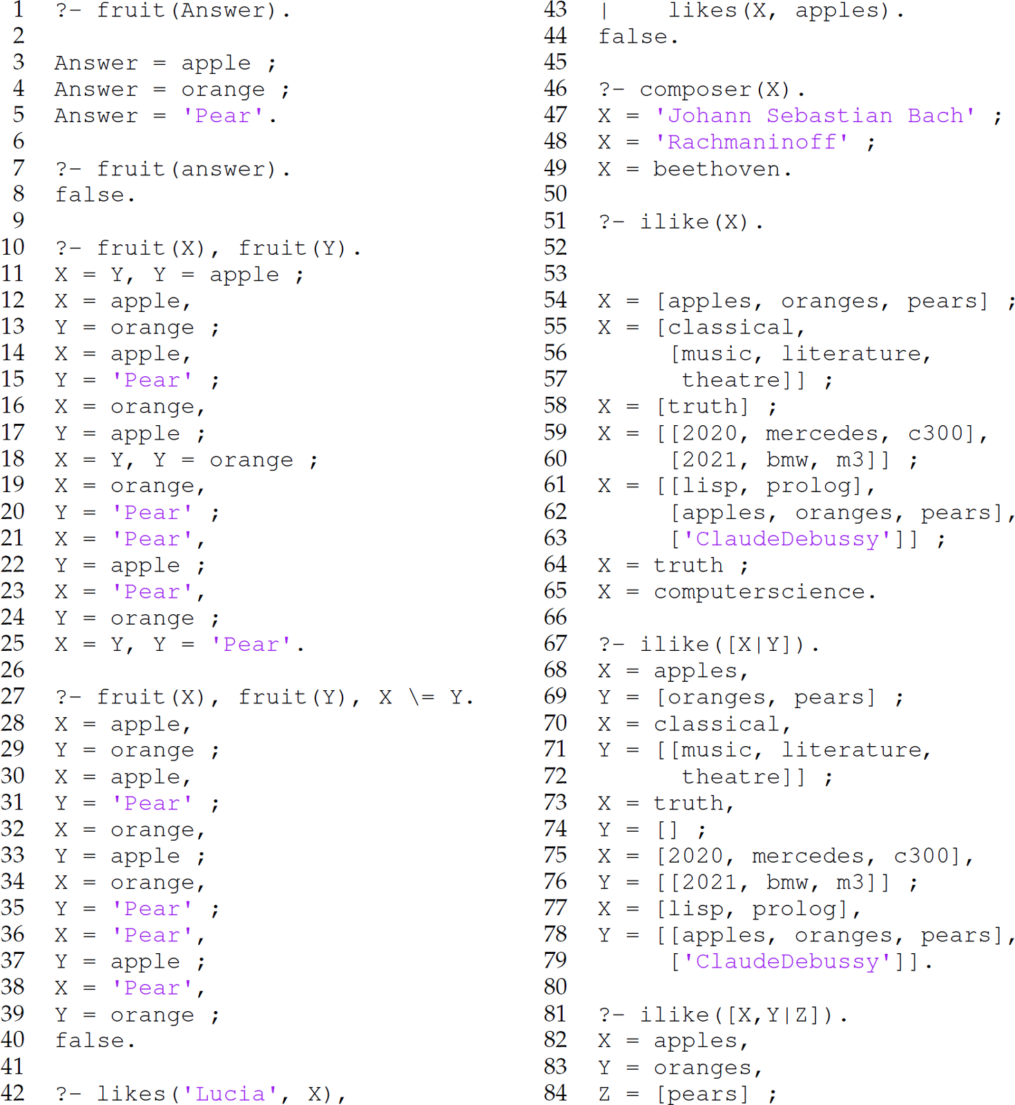 A set of 84 code lines that is a transcript of an interactive session with a database.