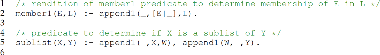 A set of six code lines in Prolog with the append predicate.