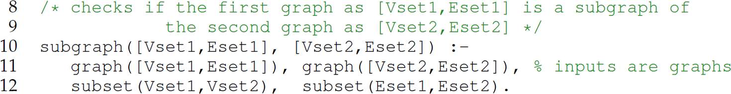 A set of five code lines in Prolog for checking if one graph is a subgraph of another one.