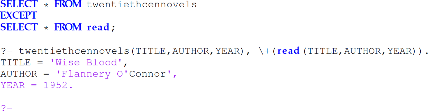 A set of eight code lines in Prolog that lists titles of different books, their authors, and year published for difference.