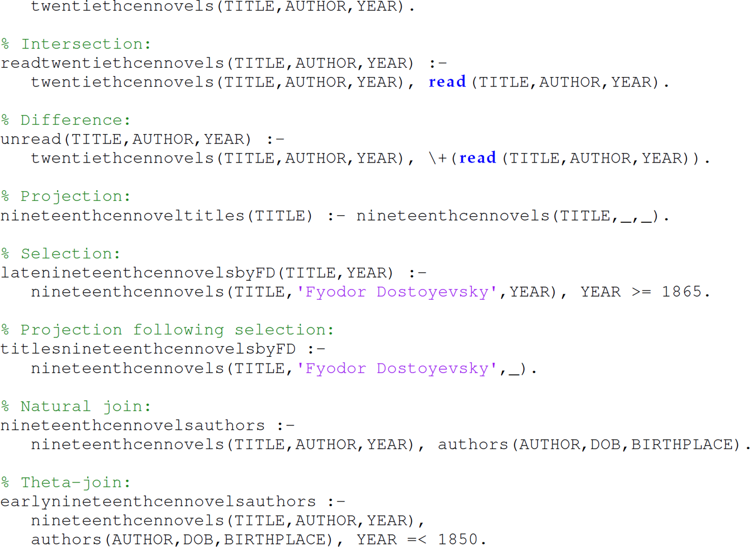 Continuation of the code in Prolog for adding the preceding queries in the form of rules, consisting of 22 lines.