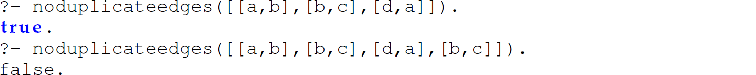 A set of four code lines in Prolog with the no duplicate edges predicate.