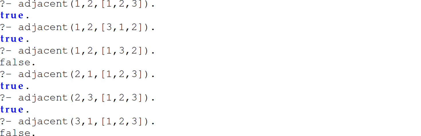 A set of 12 code lines in Prolog with the adjacent predicate.