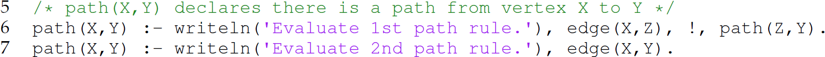 A set of three code lines in Prolog with a modification to the path predicate.