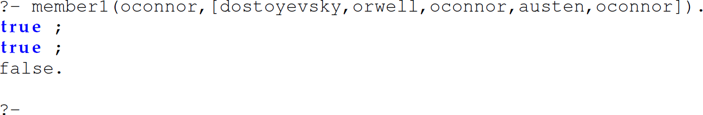 A set of five code lines in Prolog with the member 1 predicate that returns true many times.