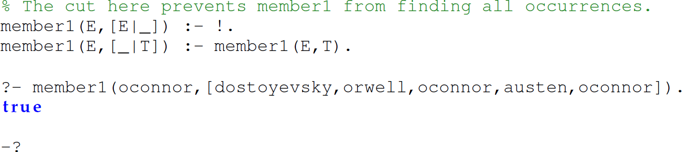 A set of six code lines in Prolog with the member 1 predicate that returns true only once.