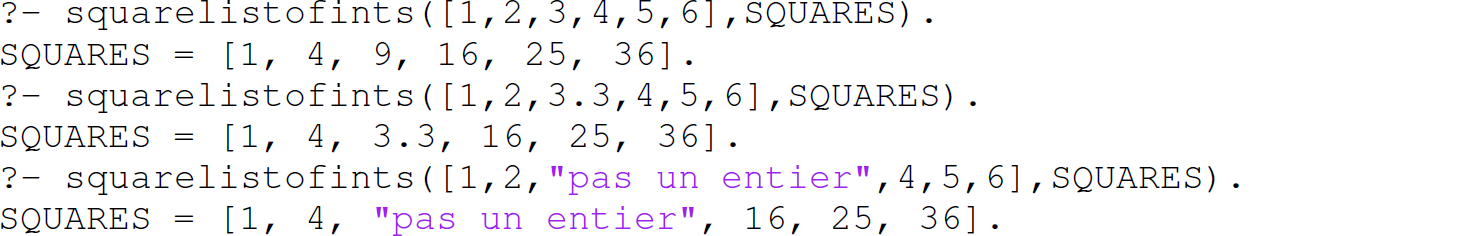 A set of six code lines in Prolog with the square list of i n t s predicate.