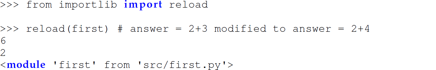 A set of five code lines in Python to be entered into the interpreter for reloading a modified program.