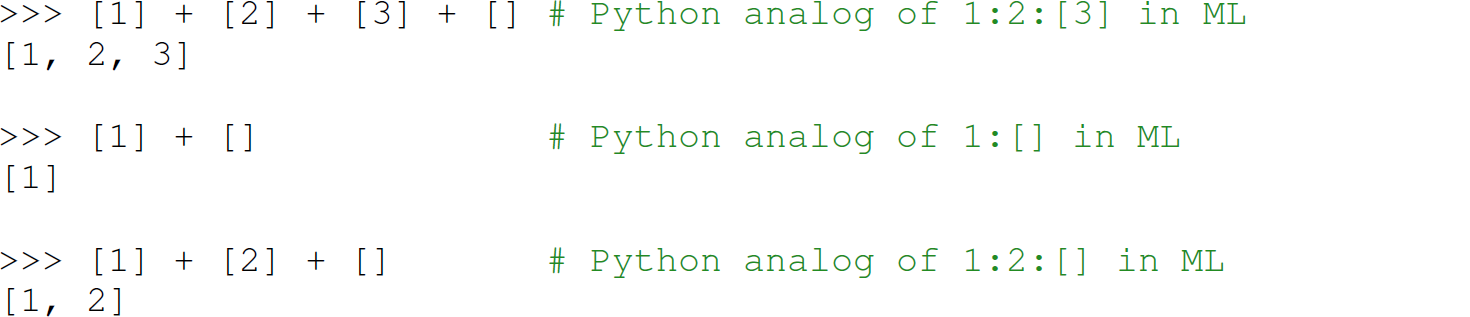 A set of six code lines in Python consisting of the Python analog in M L.