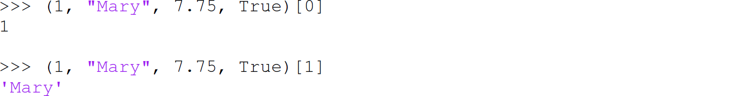 A set of four code lines in Python for accessing the elements of a tuple.