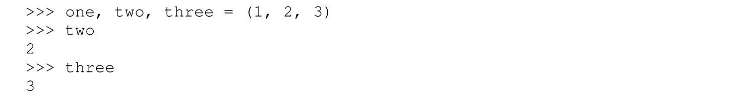 A set of five code lines in Python with tuples and lists unpacked into multiple bindings.