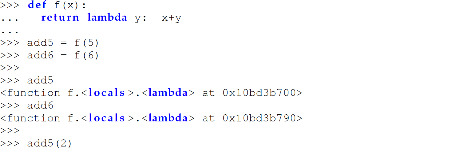 A set of 12 code lines in Python with first-class functions and first-class closures.