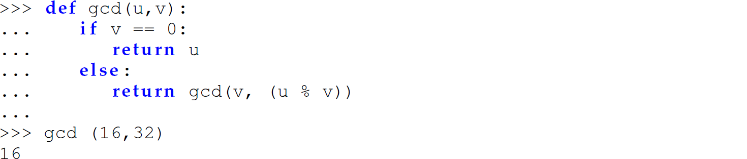 A set of eight code lines in Python with the user-defined function g c d.