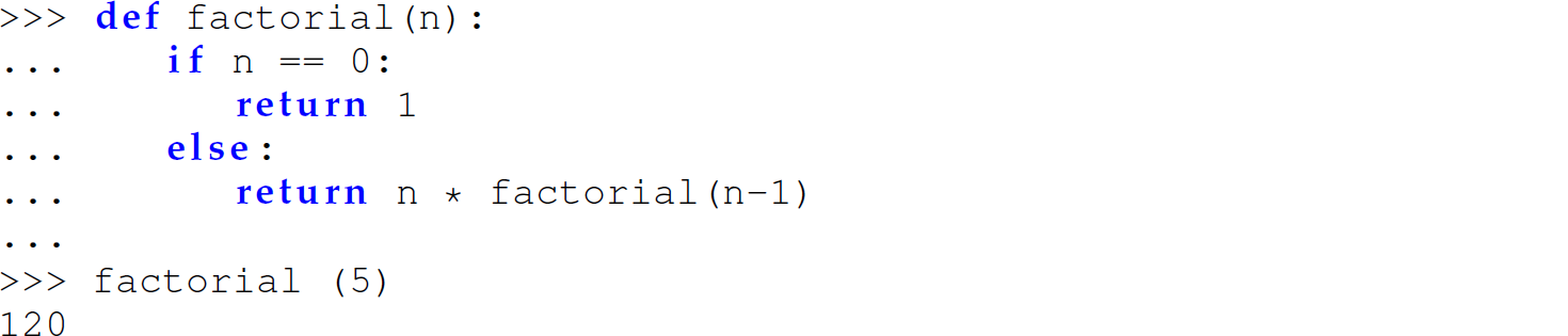 A set of eight code lines in Python with the user-defined function factorial.