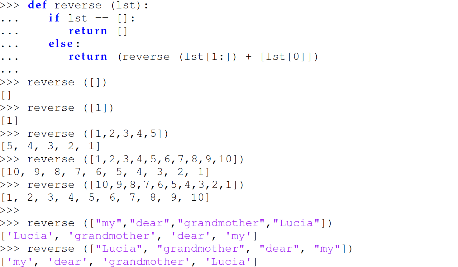 A set of 21 code lines in Python with the user-defined function reverse.