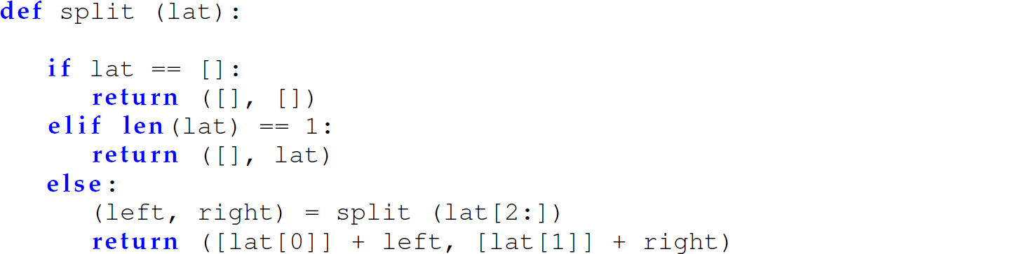 A set of eight code lines in Python with merge sort function in an unnested, unhidden, flat version.