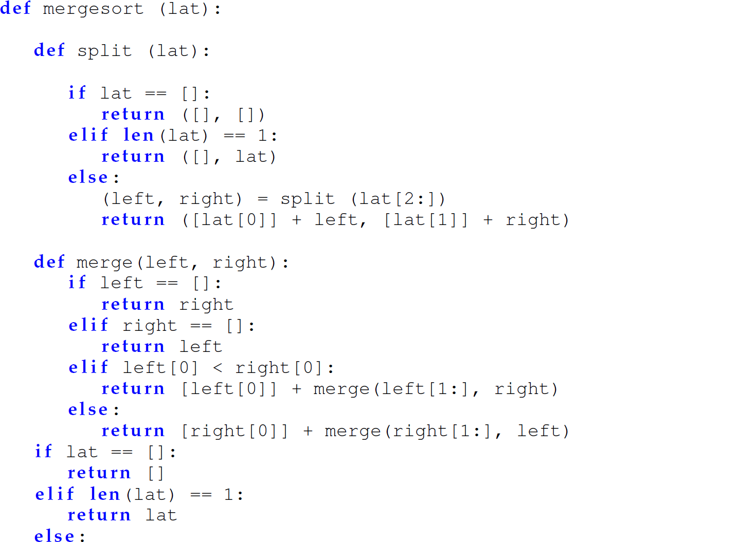 A set of 23 code lines in Python with merge sort function in a nested and hidden version.