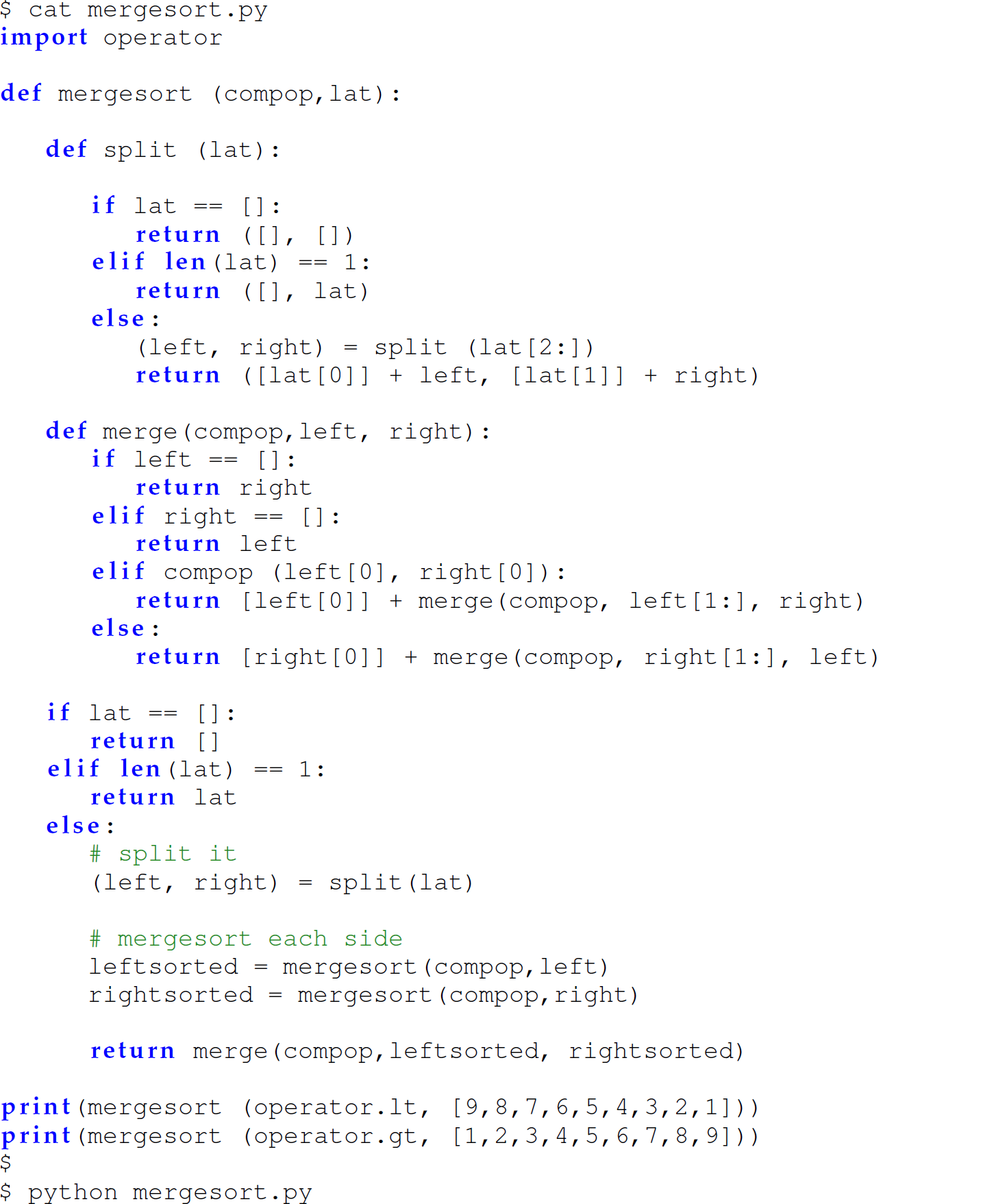 A set of 35 code lines in Python with merge sort function in a nested and hidden version accepting a comparison operator as a parameter.