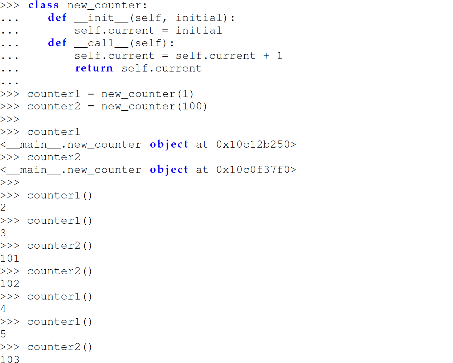 A set of 29 code lines in Python for demonstrating how to use object-oriented facilities to develop a counter object.