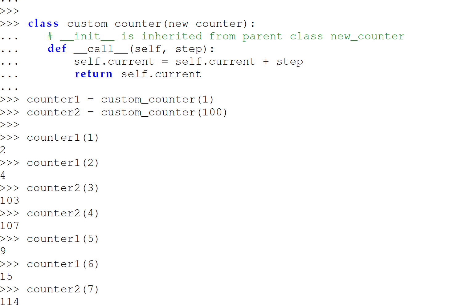 Continuation of the code in Python that permits multiple callable objects to share their signature through inheritance, consisting of 25 lines.