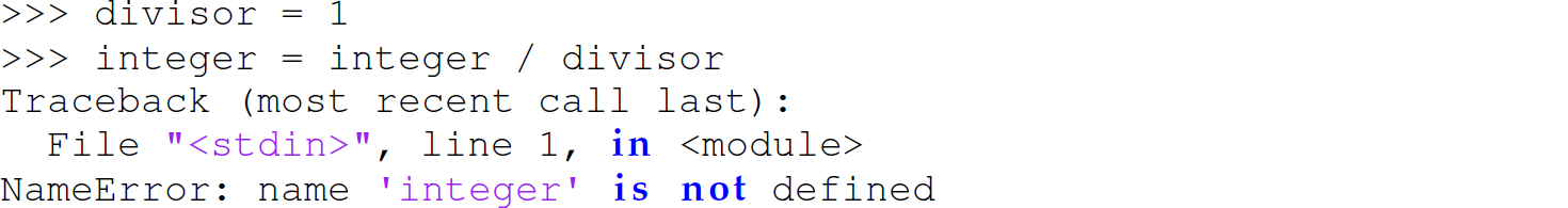 A set of five code lines in Python consisting of an interaction.