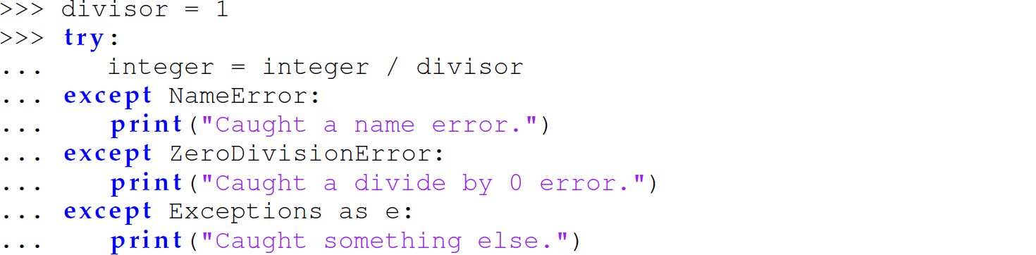 A set of nine code lines in Python with multiple except blocks.