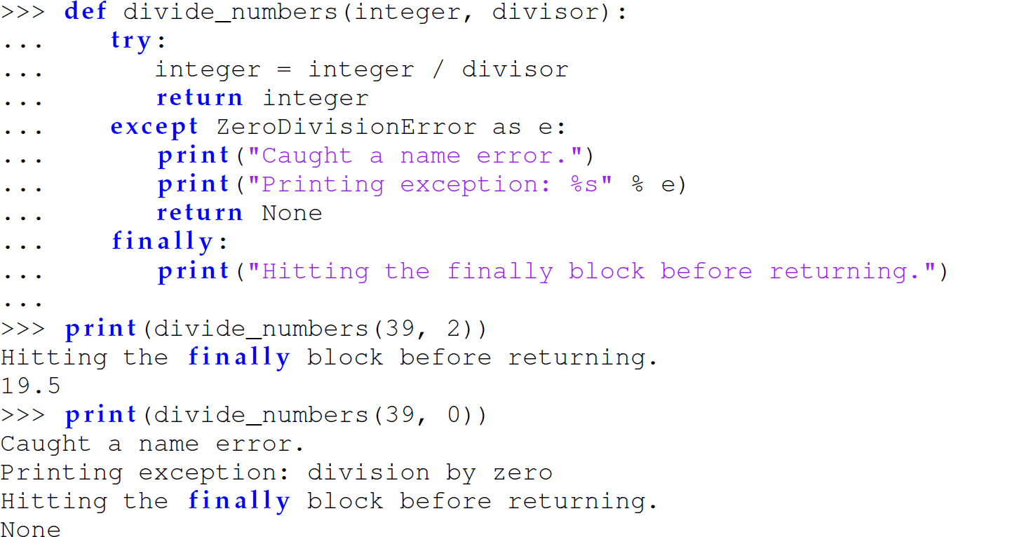 A set of 19 code lines in Python with try, except, and finally blocks.